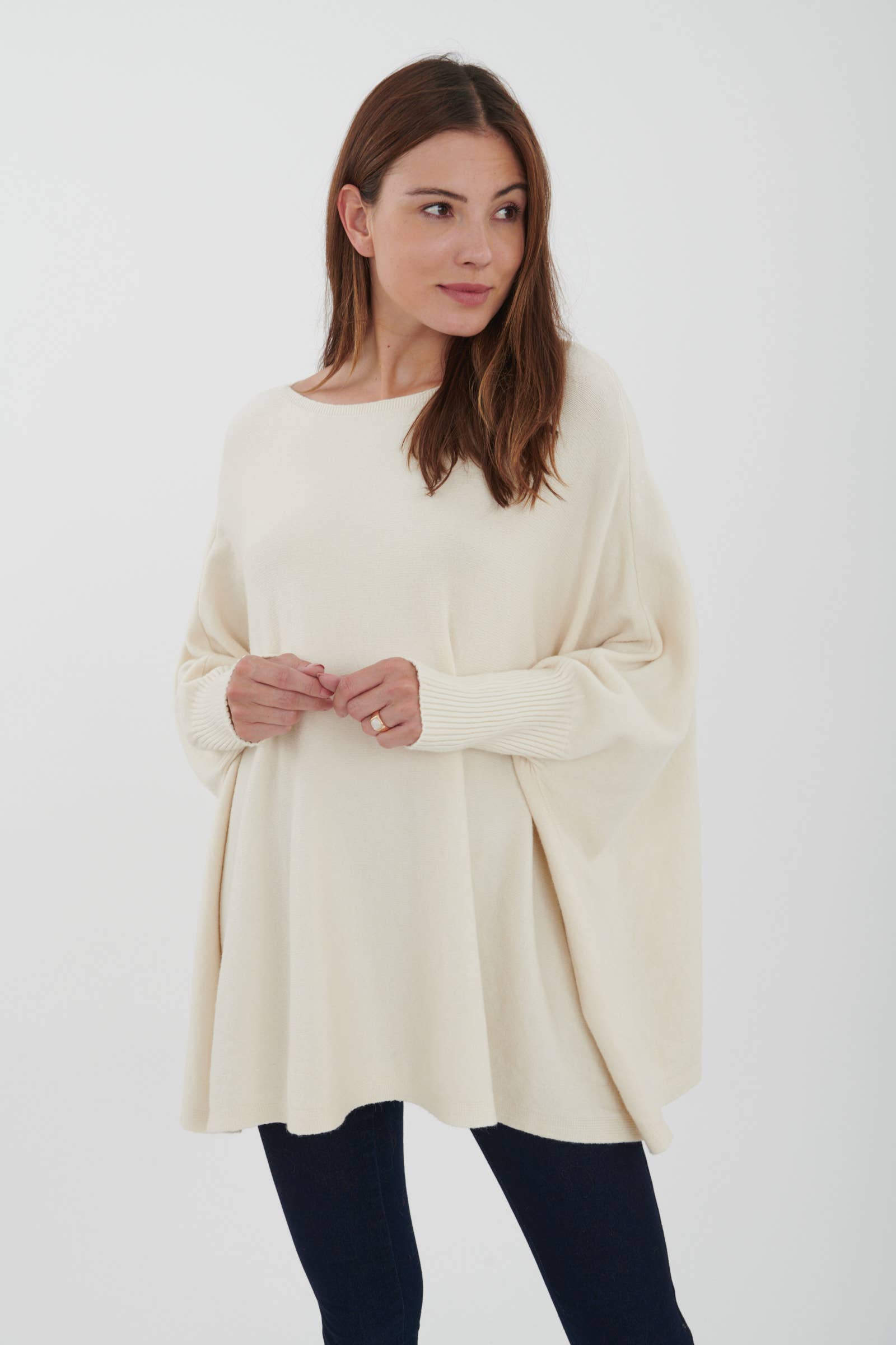LEL-T8717 plain knit tunic sweater: Ecru / One size
