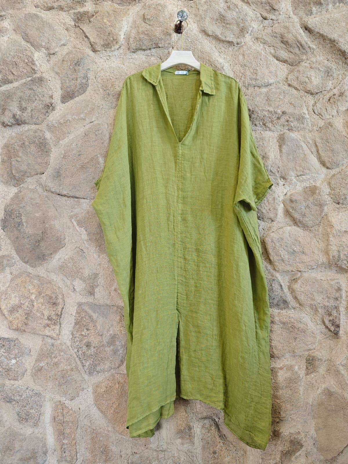 Ref-9036 Plain 100% Linen Kaftan: Pistacho