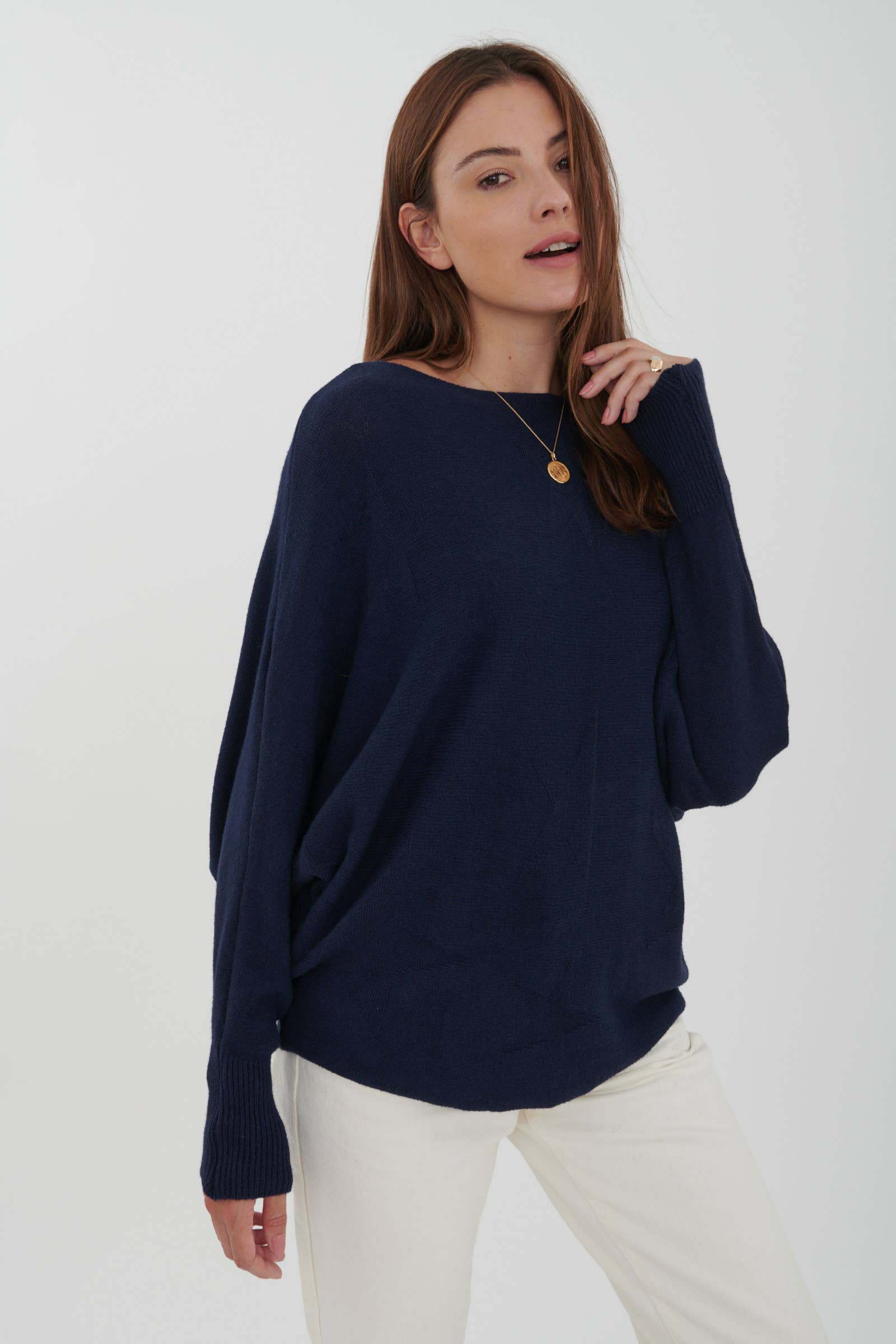 Cashmere Blend Navy Bat-Sleeve Sweater
