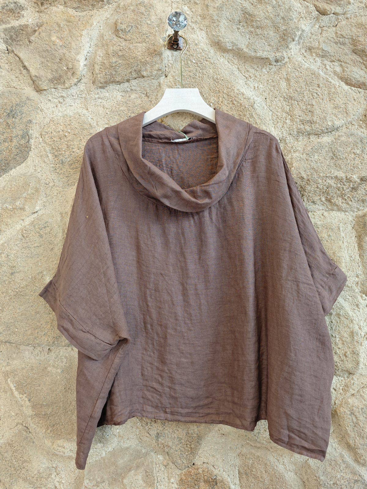 Ref-12238 100% LINEN SHORT-SLEEVE BOAT-NECK BLOUSE: Yellow