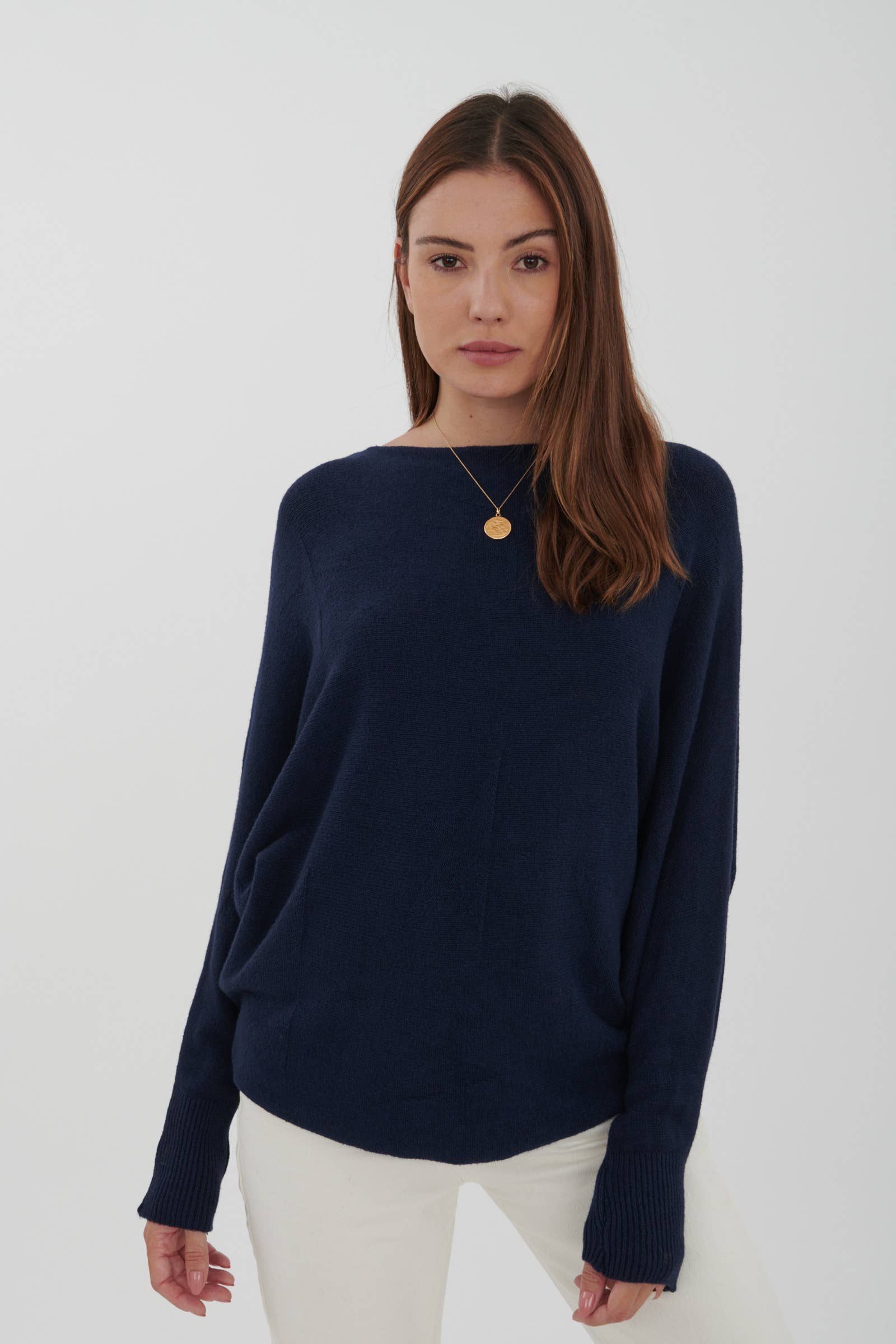 Cashmere Blend Navy Bat-Sleeve Sweater