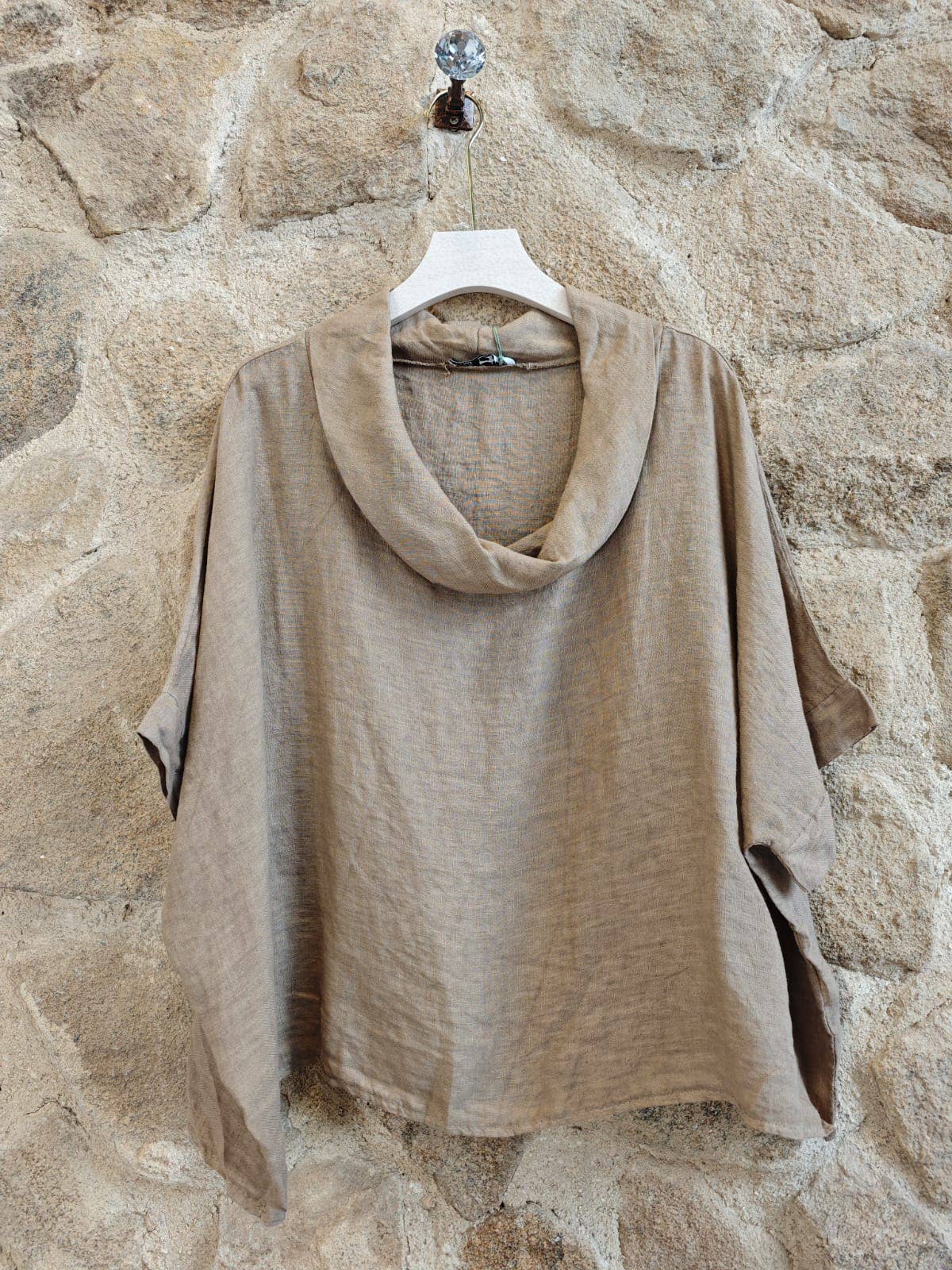 Ref-12238 100% LINEN SHORT-SLEEVE BOAT-NECK BLOUSE: Yellow