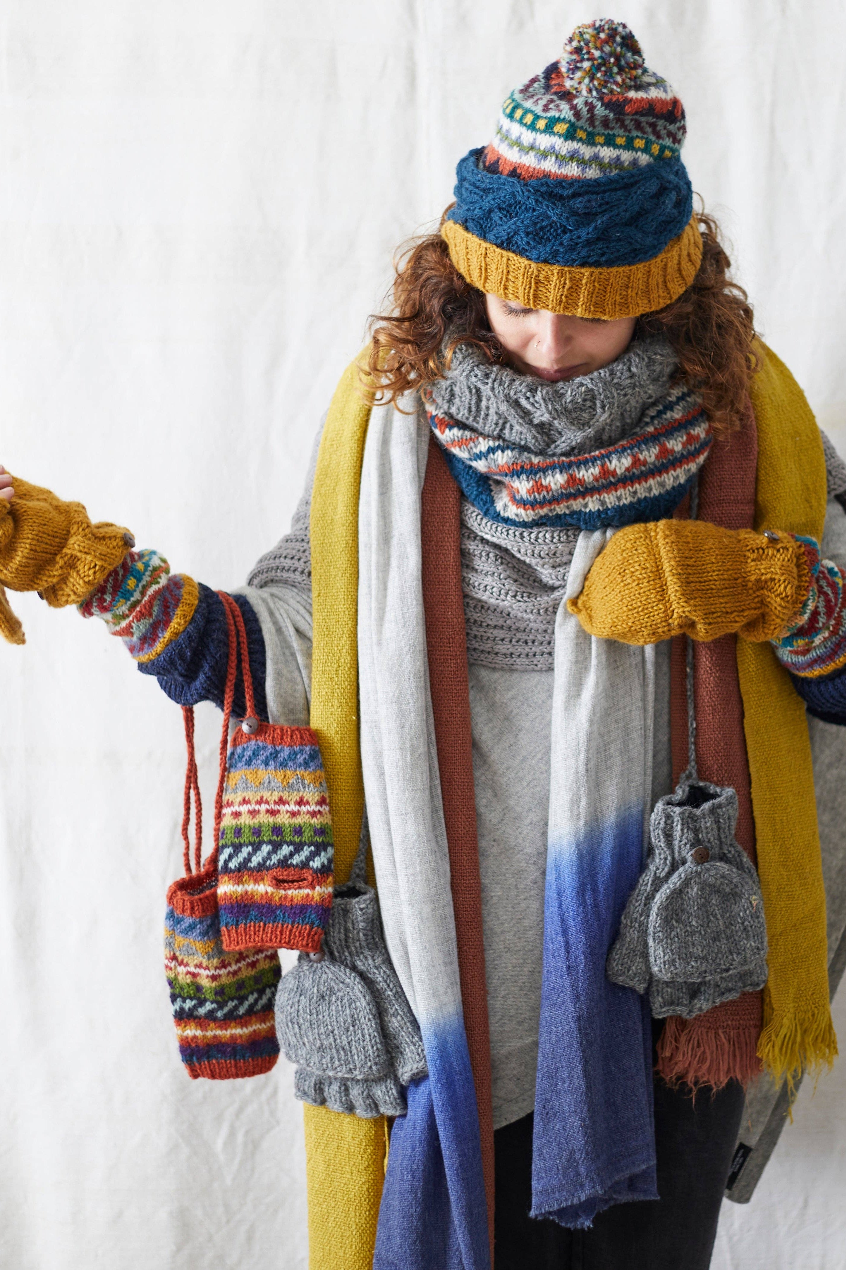 Wool Bobble Hat in Multi Mustard Yellow
