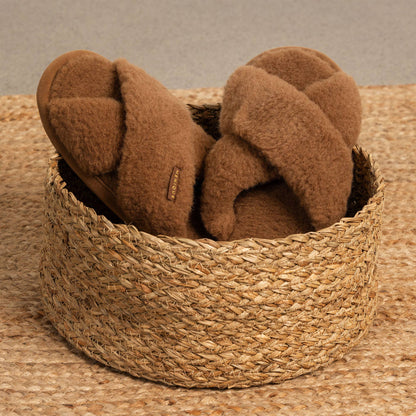 Women's Merino Cross Fluffy Slippers Brown