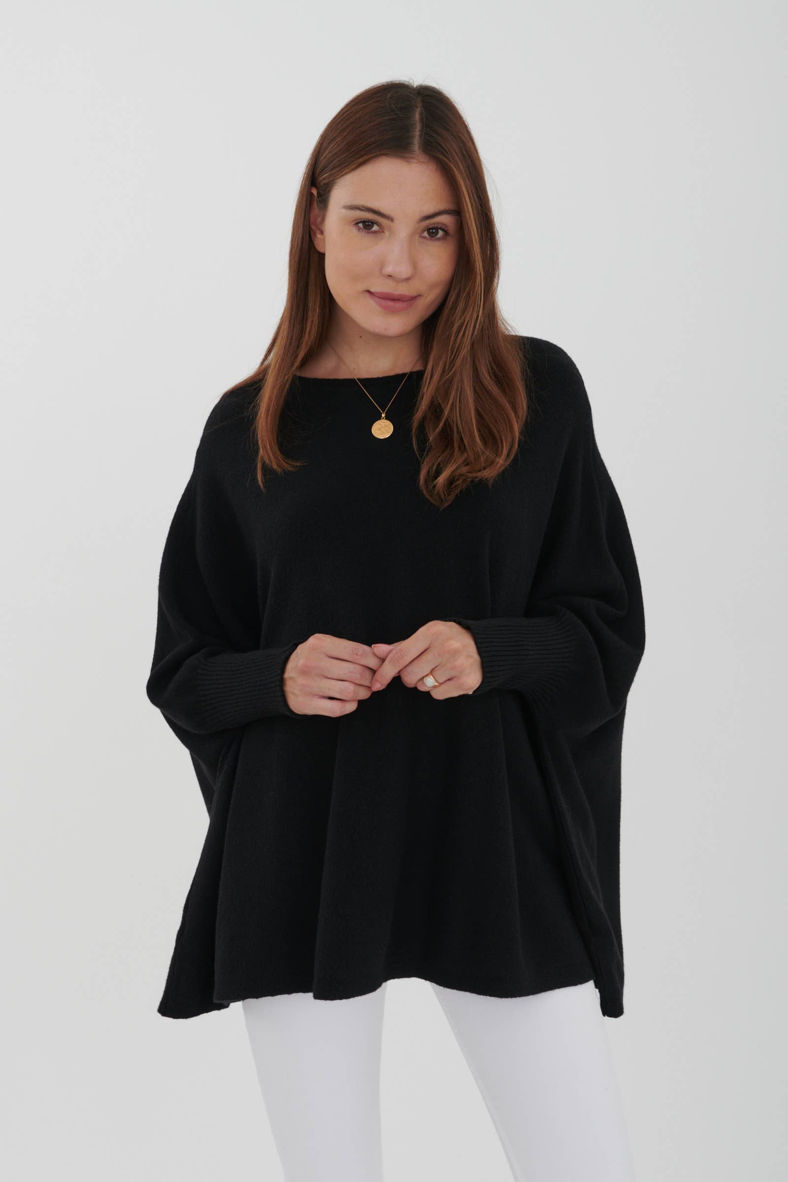 LEL-T8717 plain knit tunic sweater: Ecru / One size