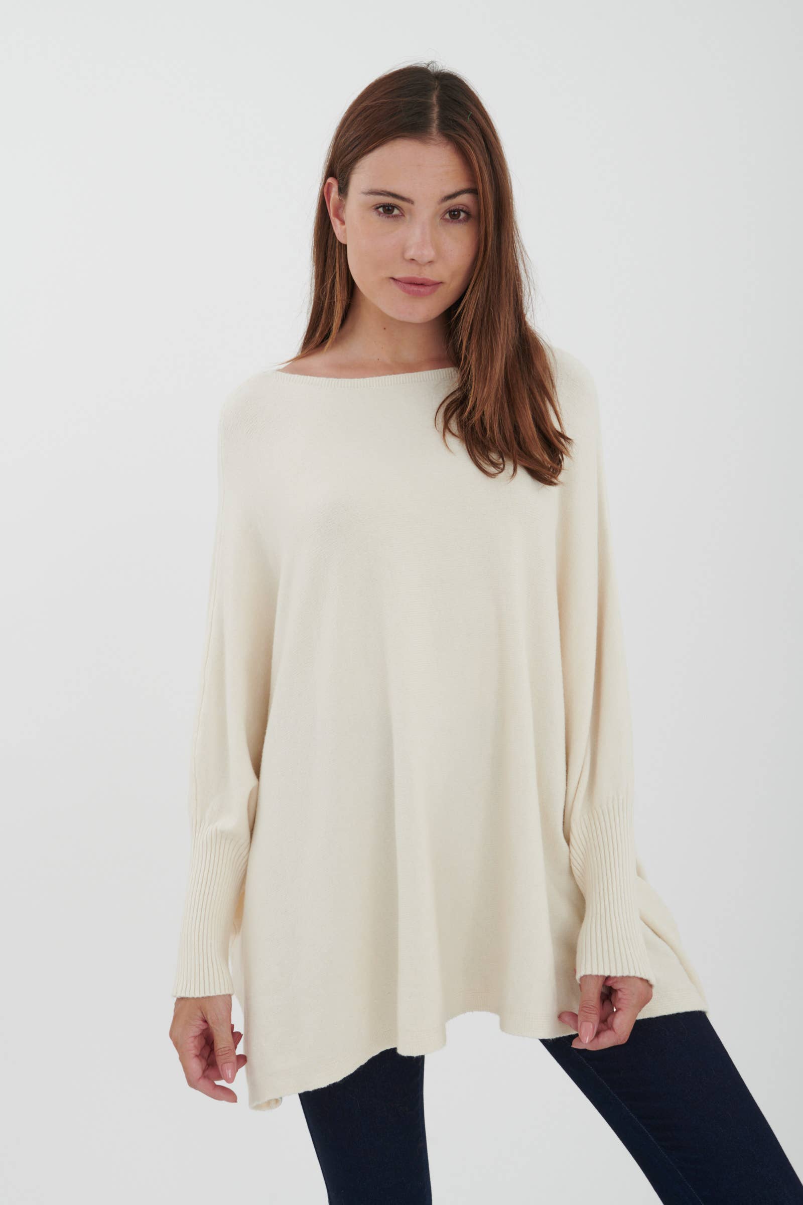 LEL-T8717 plain knit tunic sweater: Ecru / One size