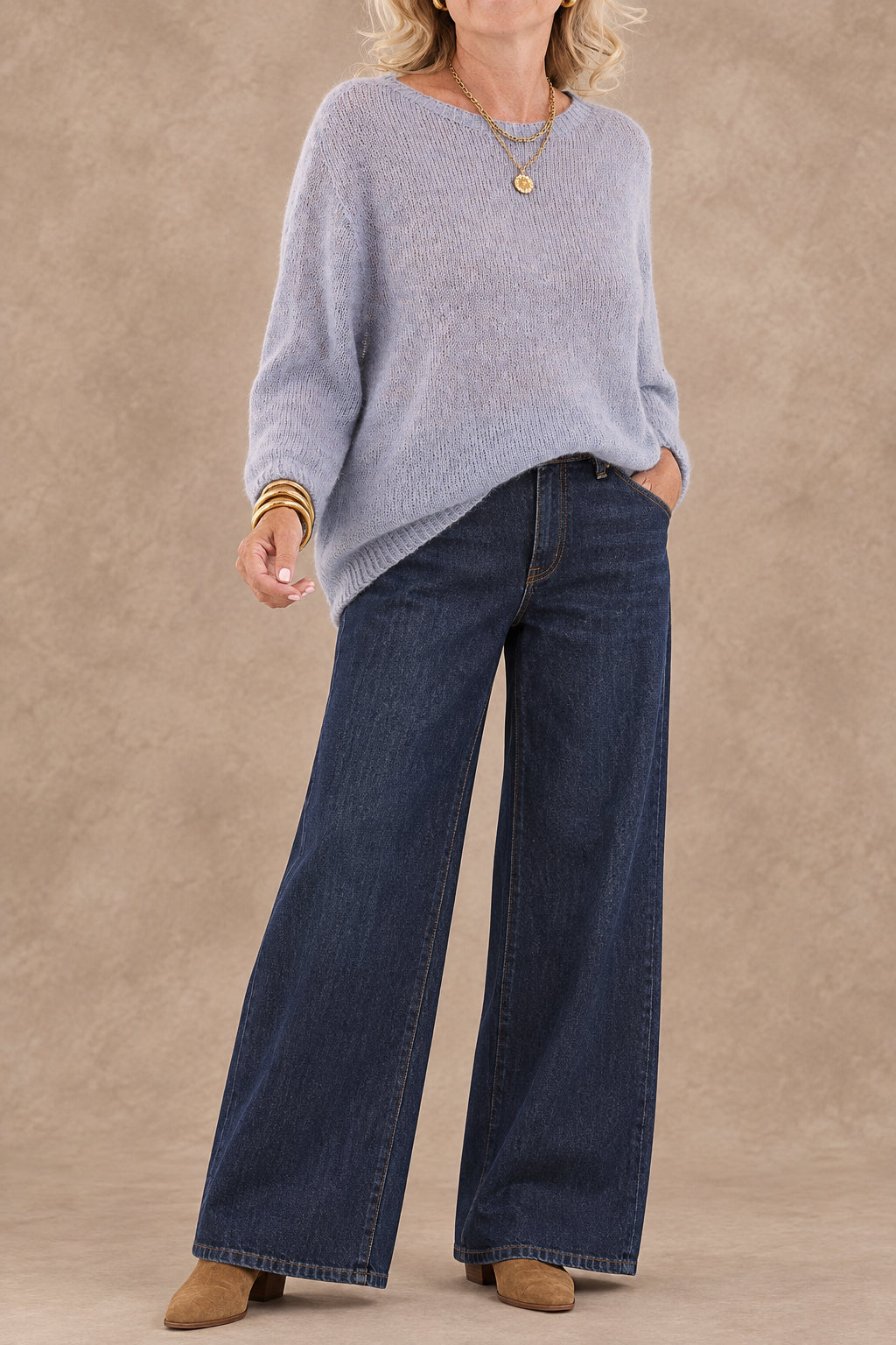 Alpaca Blend Round Neck Sweater in Ice Blue