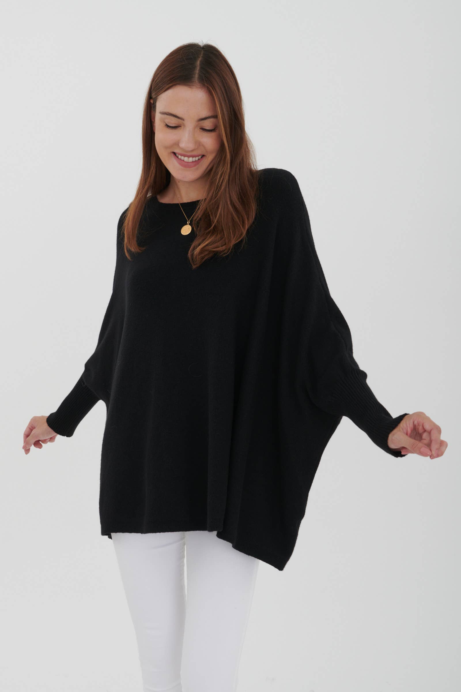 LEL-T8717 plain knit tunic sweater: Ecru / One size