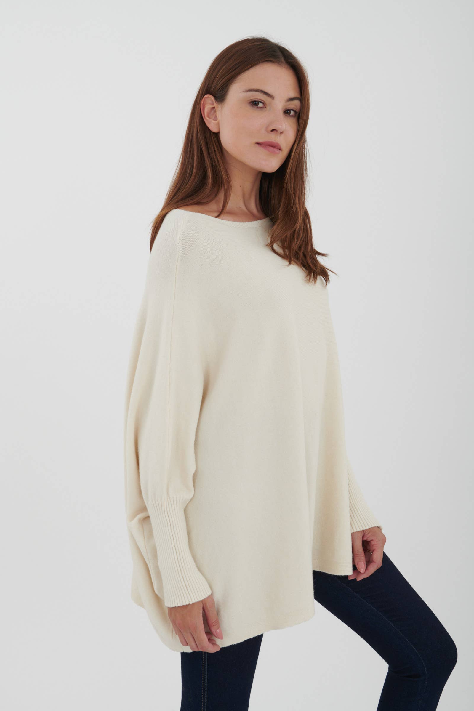 LEL-T8717 plain knit tunic sweater: Ecru / One size