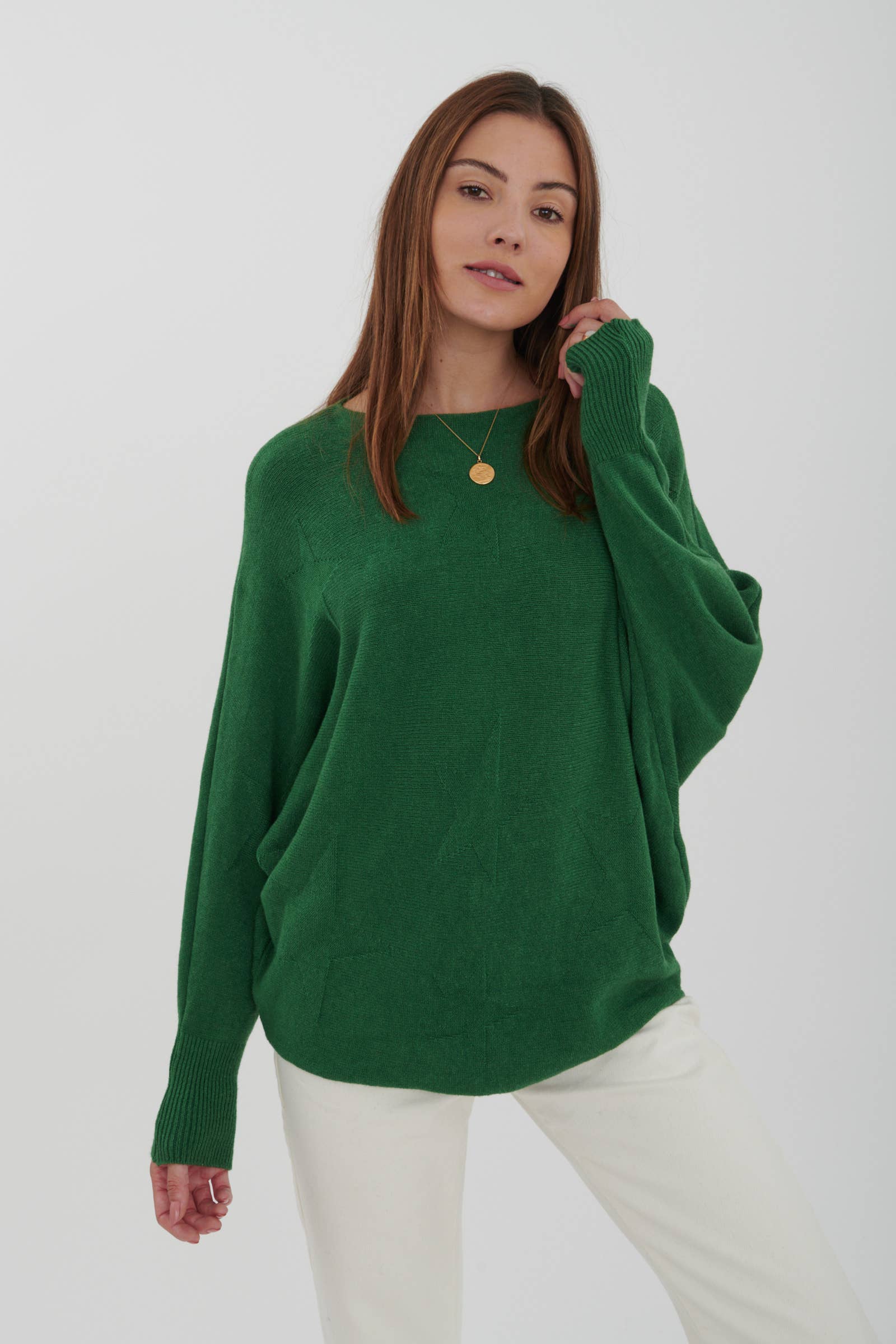 Cashmere Blend Green Bat-Sleeve Sweater