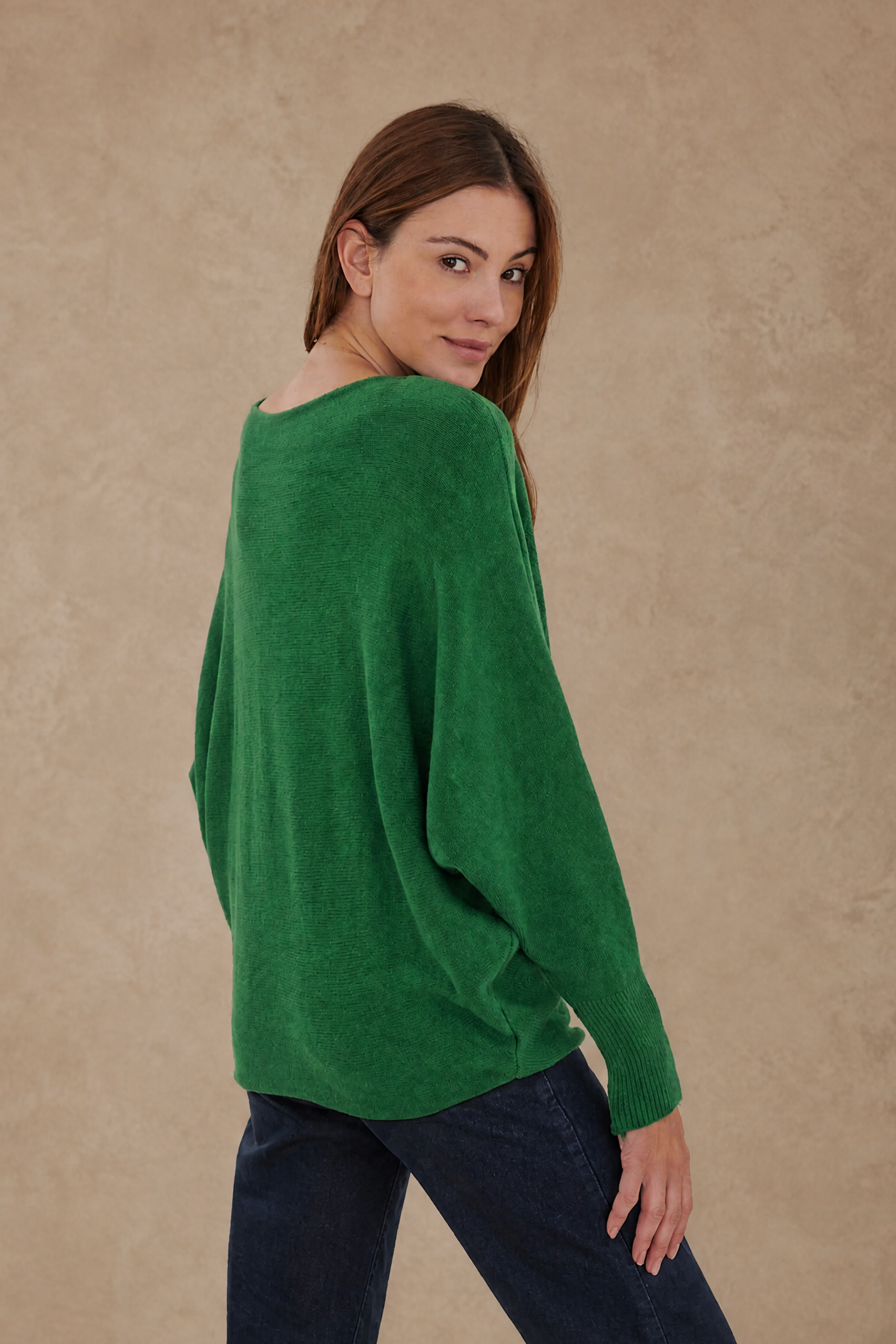 Cashmere Blend Green Bat-Sleeve Sweater