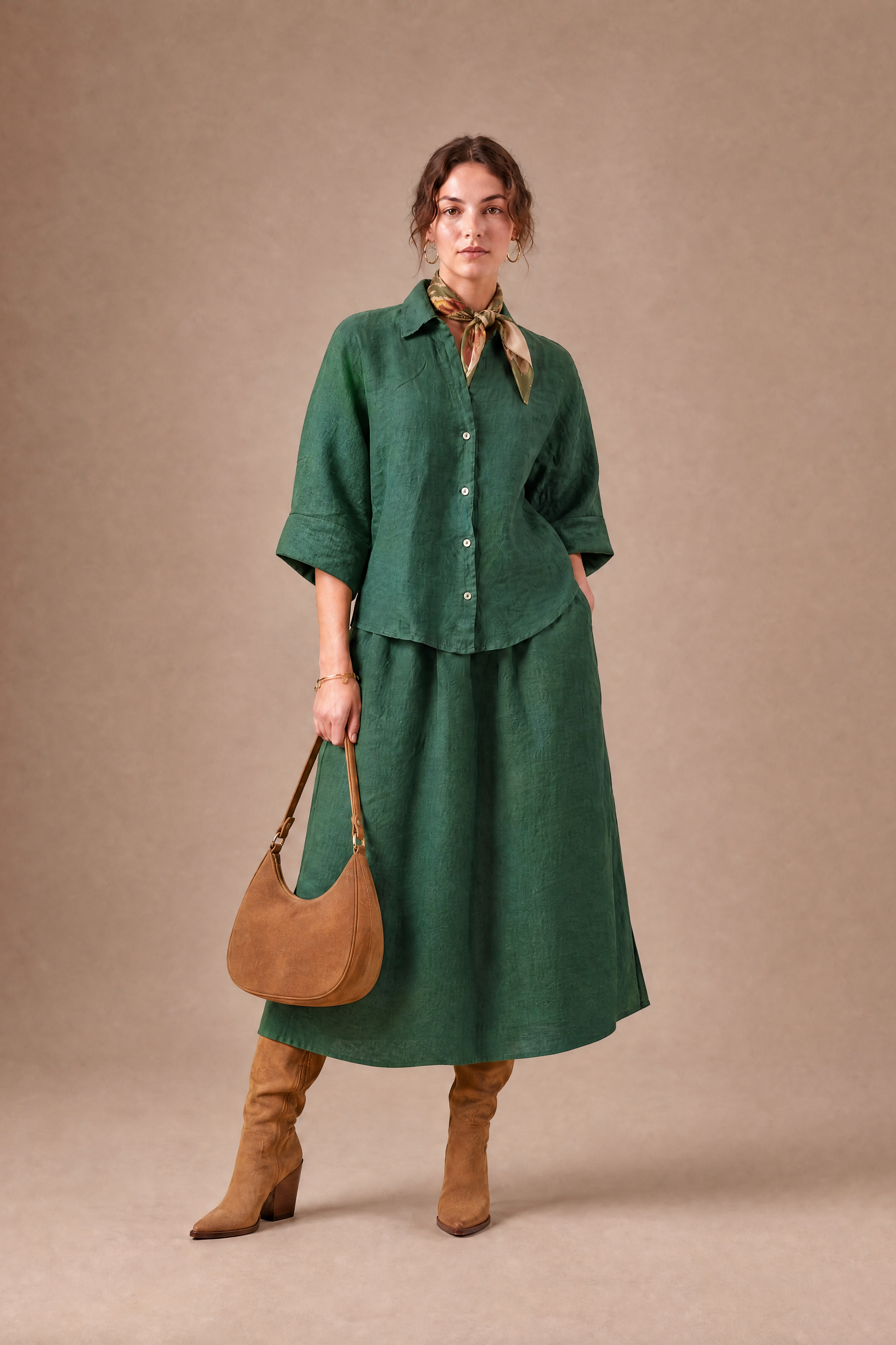 Button Front Forest Green Linen Top