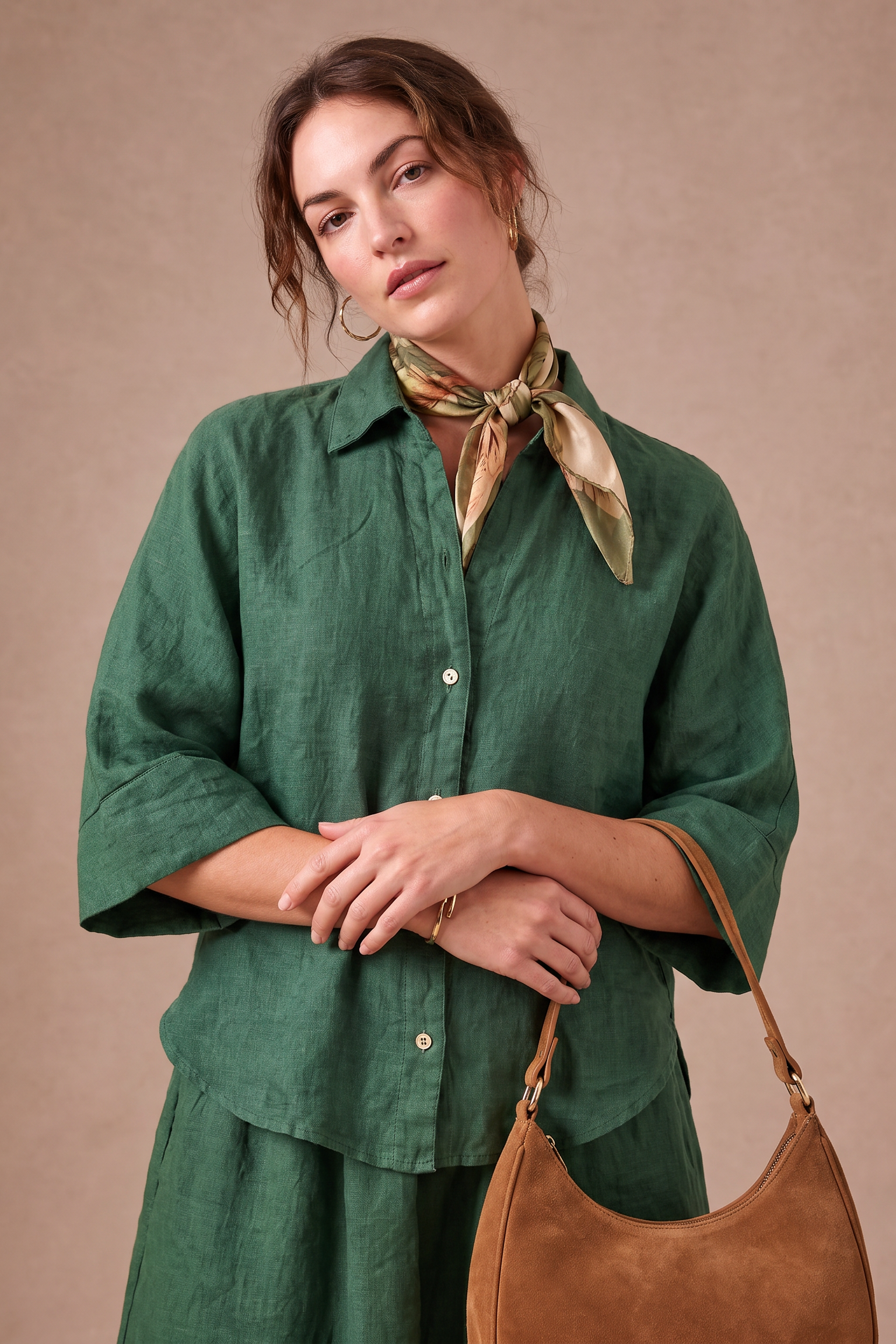Button Front Forest Green Linen Top