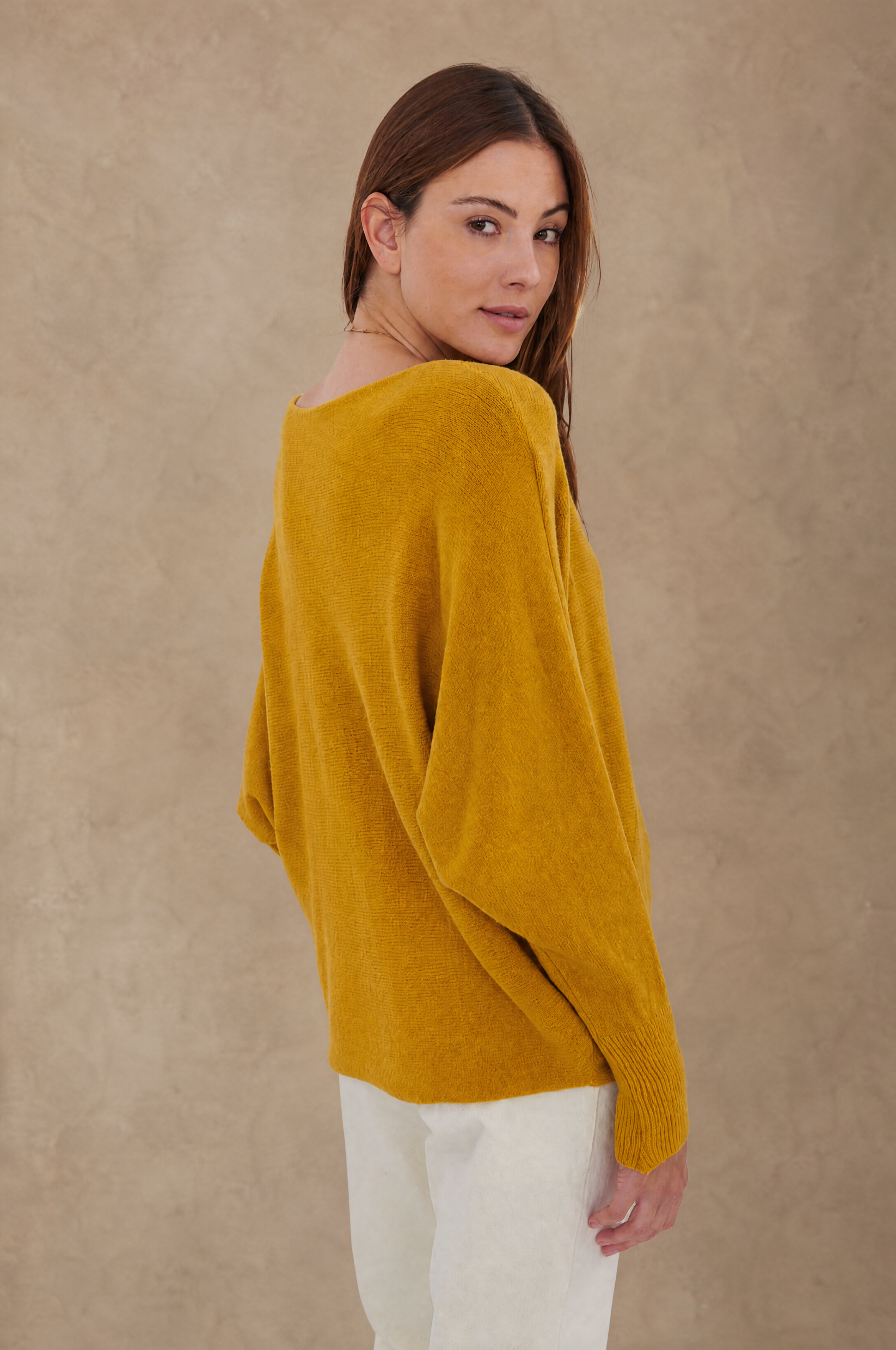 Cashmere Blend Mustard Bat-Sleeve Sweater
