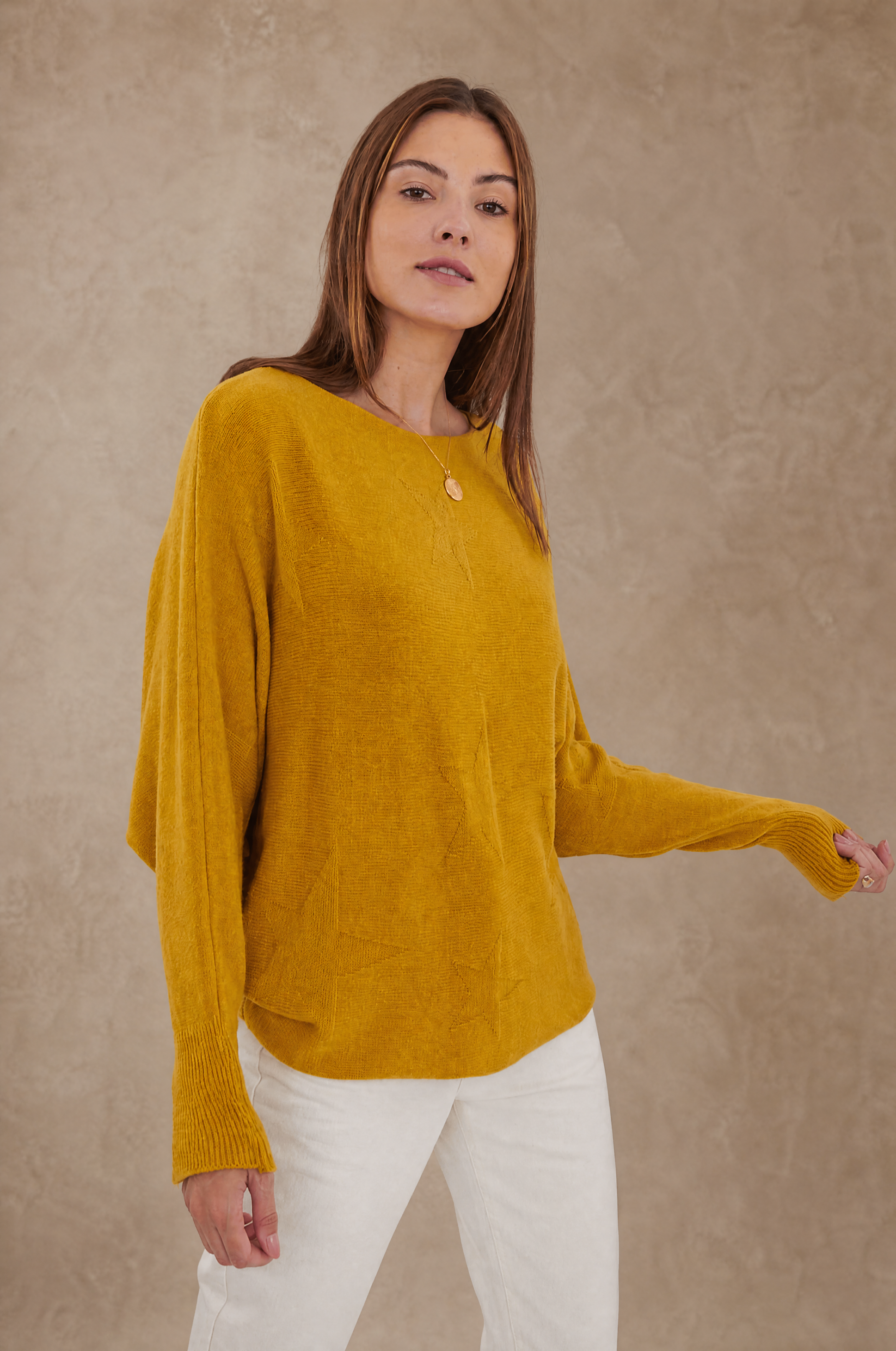 Cashmere Blend Mustard Bat-Sleeve Sweater