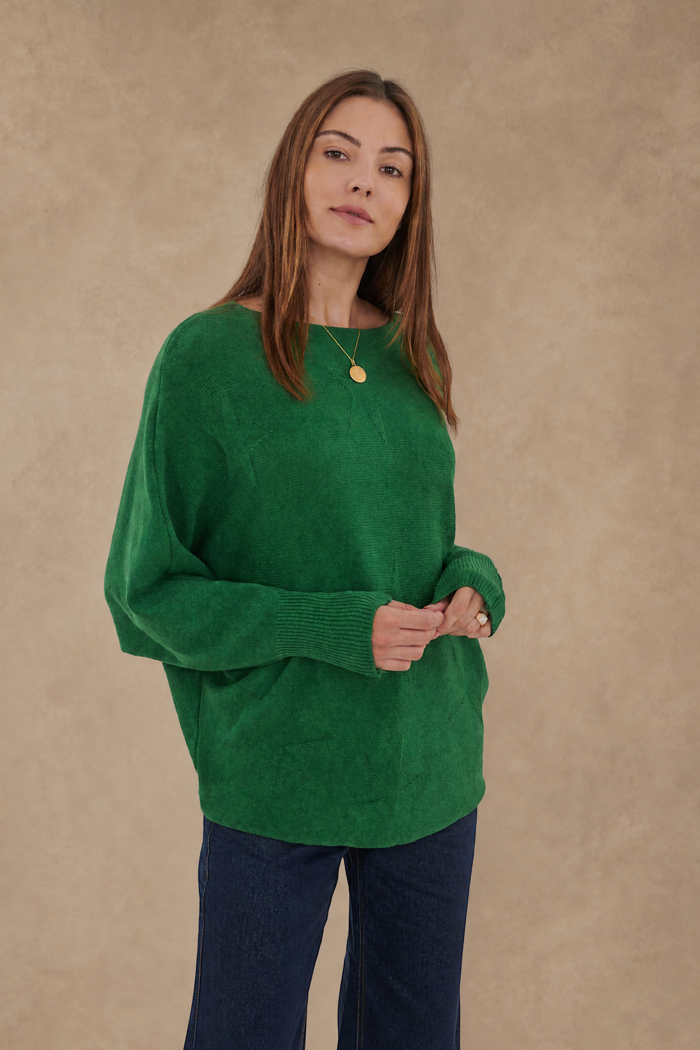 Cashmere Blend Green Bat-Sleeve Sweater